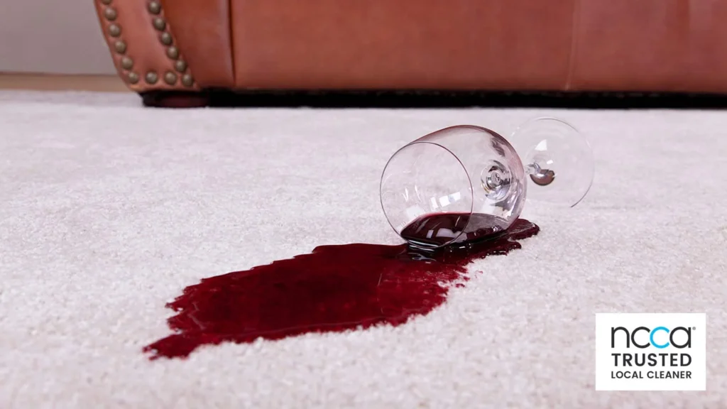 a glass of red wine spilt on a carpet